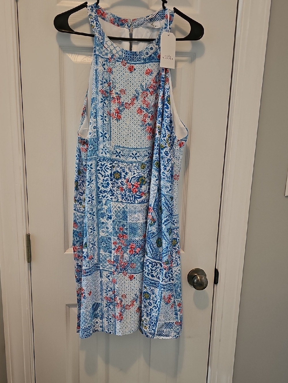 EMILY WONDER Blue & White Floral Patchwork Halter Dress - Unknown Brand